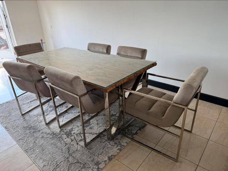 Compleet eettafel incl. 6 stoelen, Huis en Inrichting, Tafels | Eettafels, Zo goed als nieuw, Vijf personen of meer, Rechthoekig