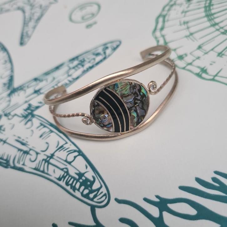 Vintage Zilveren Armband met Abalone Inlay, Sieraden, Tassen en Uiterlijk, Armbanden, Gebruikt, Zilver, Zilver, Met bedels of kralen