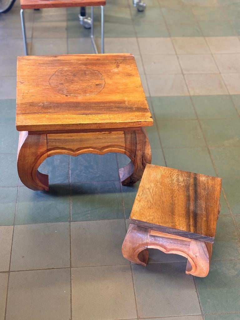 Vintage Opium Bijzettafels Bruin Massief Hout Set van 2, Huis en Inrichting, Tafels | Bijzettafels, Gebruikt, Vierkant, Minder dan 45 cm