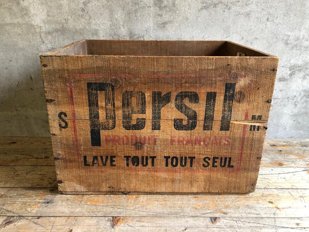 Houten kist met reclame v/h zeepmerk Persil uit Frankrijk, Minder dan 50 cm, Gebruikt, 50 tot 100 cm, Ophalen of Verzenden