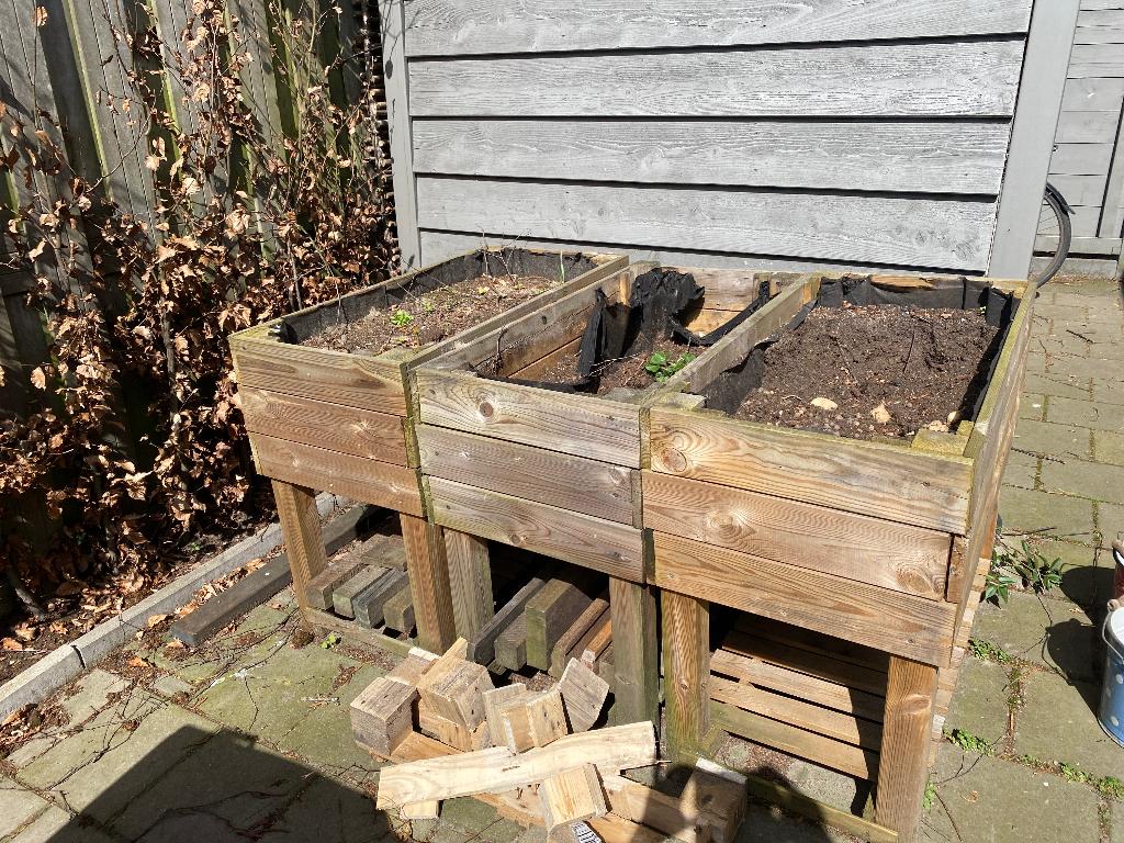 Moestuin bakken, 3 houten kweekbakken, Tuin en Terras, Bloembakken en Plantenbakken, Ophalen, Gebruikt, 100 cm of meer, 60 cm of meer