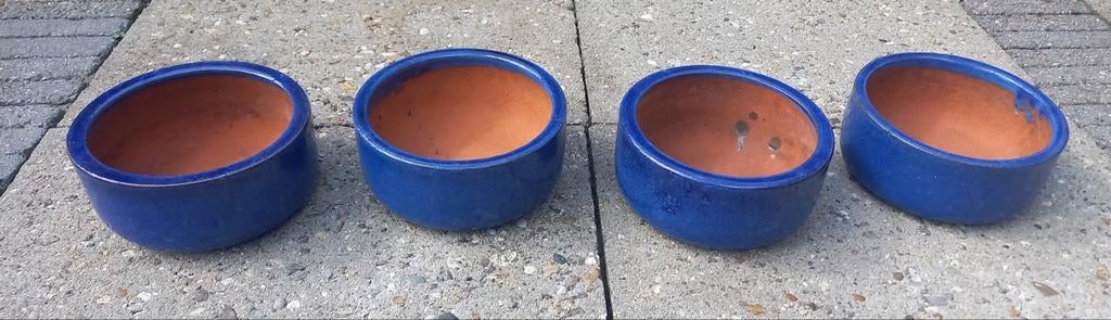 Vier kleine geglazuurde blauwe bloempotten voor buiten, Ophalen, Rond, Aardewerk, Minder dan 40 cm