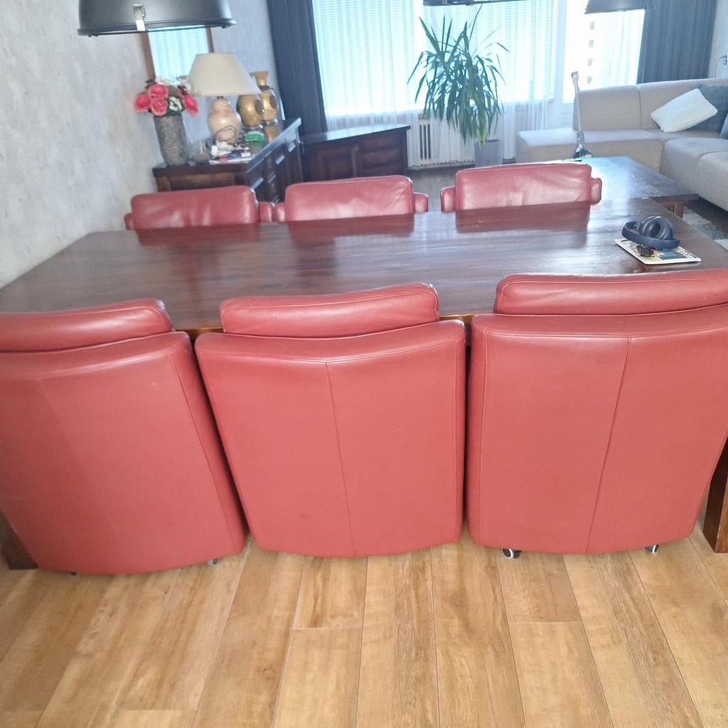 Set van 6 leren eetkamerstoelen - Rood, Huis en Inrichting, Stoelen, Gebruikt, Klassiek, Leer, Ophalen of Verzenden