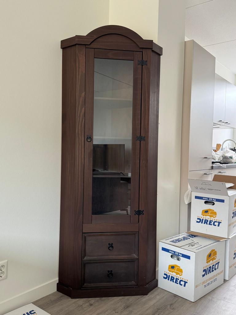 New Mexico Hoekvitrinekast Bruin Grenen - Rustieke Stijl, Ophalen, Gebruikt, 200 cm of meer, 50 tot 100 cm