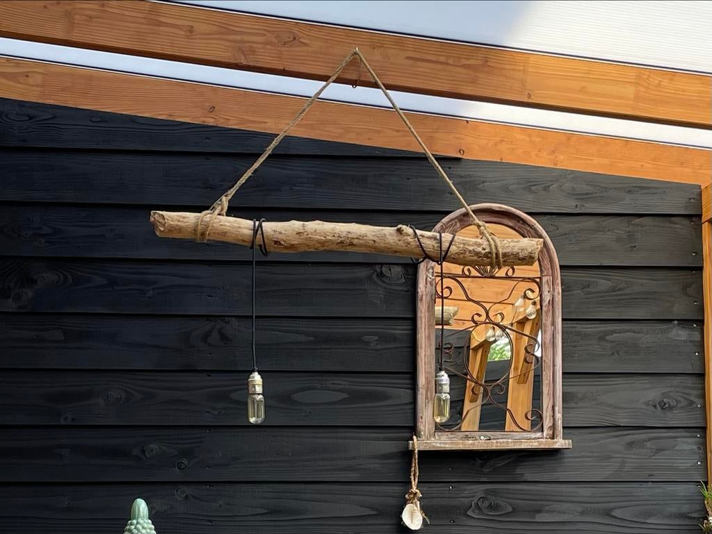 Houten tak hanglamp, 2 fittingen met zwarte stoffen kabel., Huis en Inrichting, Lampen | Hanglampen, Ophalen, Gebruikt, Landelijk