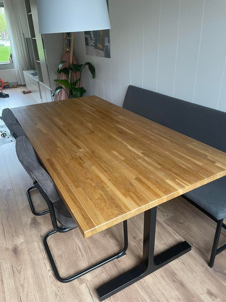Houten tafel met stalen poot 180x90, Huis en Inrichting, Tafels | Eettafels, 200 cm of meer, Zo goed als nieuw, Rechthoekig, 50 tot 100 cm