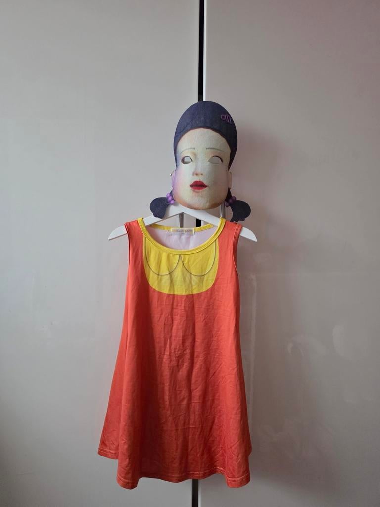 Squid Game verkleedjurkje met masker, maat 122, Ophalen of Verzenden, Gebruikt, 122 t/m 128, Jongen of Meisje