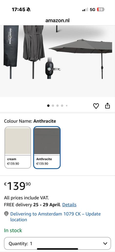 909 Outdoor Dubbele Parasol Antraciet - 4.6 x 2.7m, Ophalen, Nieuw, Meer dan 4 meter, Overige typen