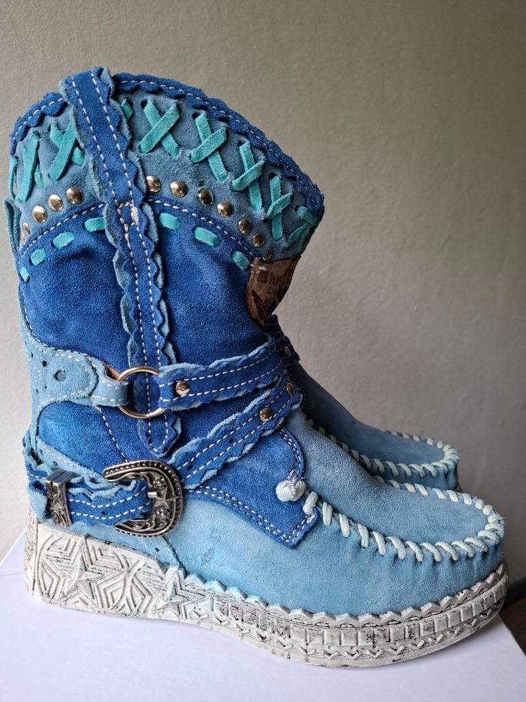 El Vaquero Maya Boho Laarzen - Handgemaakt Suède, Kleding | Dames, Schoenen, Blauw, Lage of Enkellaarzen, Nieuw, Ophalen of Verzenden