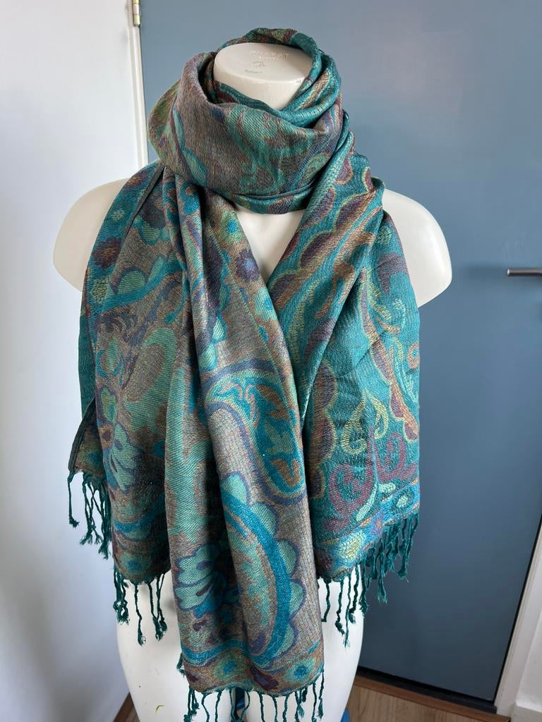 Pashmina cyaan blauw, Ophalen of Verzenden, Zo goed als nieuw, X, Sjaal