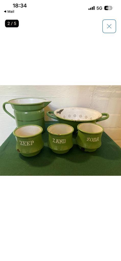 Groen emaille keukenbenodigdheden., Huis en Inrichting, Keuken | Potten en Pannen, Gebruikt, Pot, Bus of Blik, Overige materialen