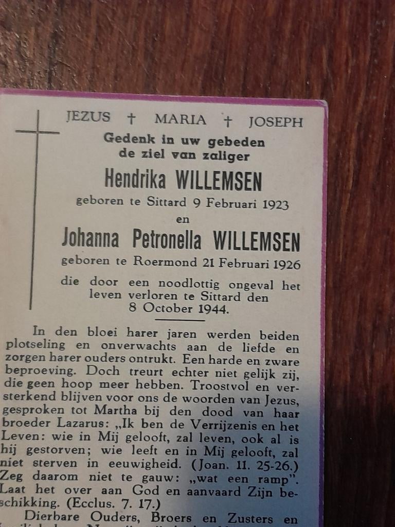 Bidprent 2 zussen Willemsen Sittard 1944, Ophalen of Verzenden