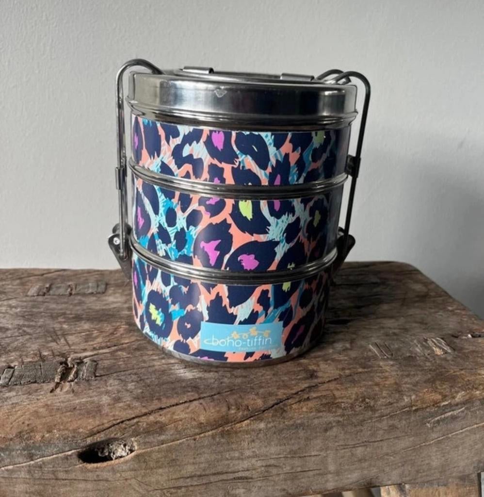 Boho Tiffin lunchbox met panterprint, Ophalen of Verzenden, Metaal, Meerkleurig, Overige merken