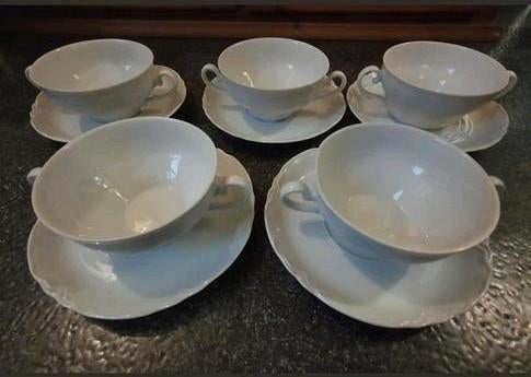 5x barok wit porselein soepkom met schoteltje., Antiek en Kunst, Ophalen