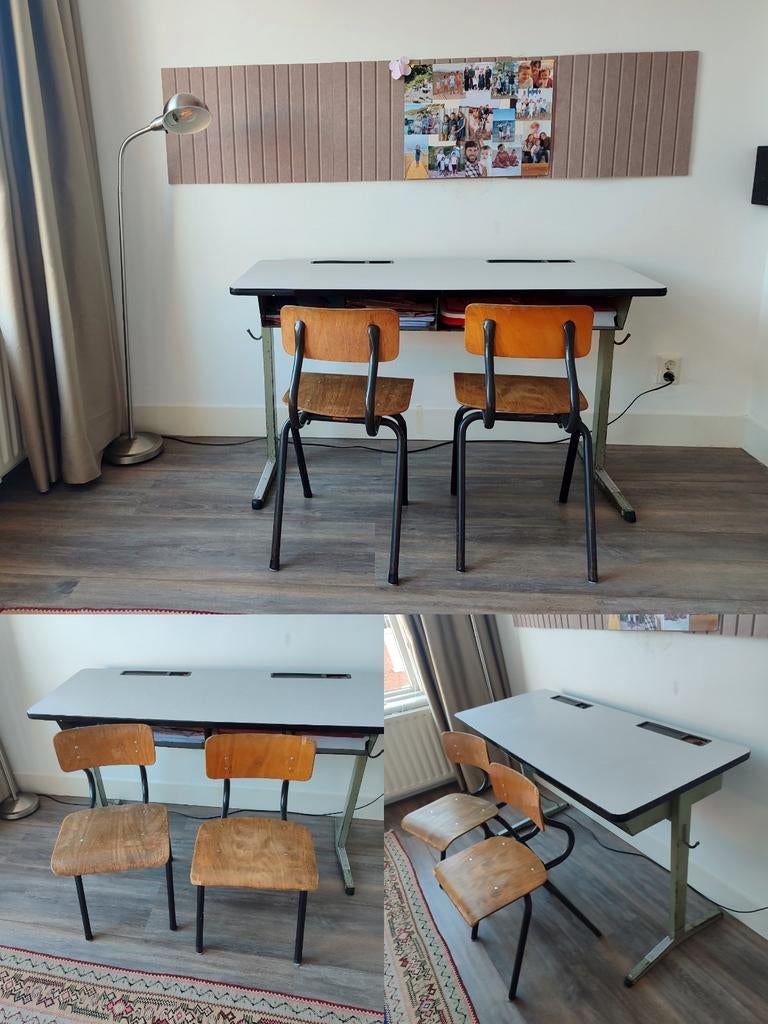 Vintage Frans schoolbureau met stoelen, Huis en Inrichting, Bureaus, Ophalen