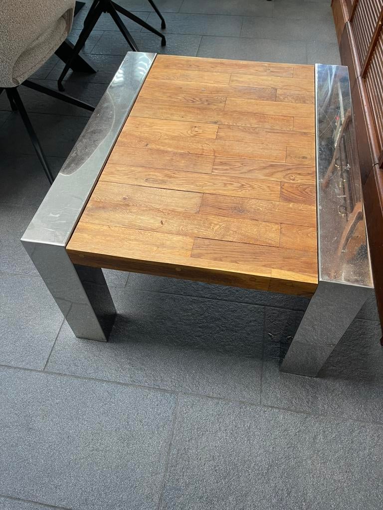 Salontafel houten blad met chrome poten, Huis en Inrichting, Ophalen, Gebruikt, 100 tot 150 cm, Vintage