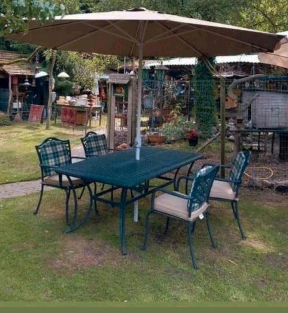 Tuinset met parasol en 6 stoelen, Ophalen, Overige materialen, Gebruikt, 6 zitplaatsen