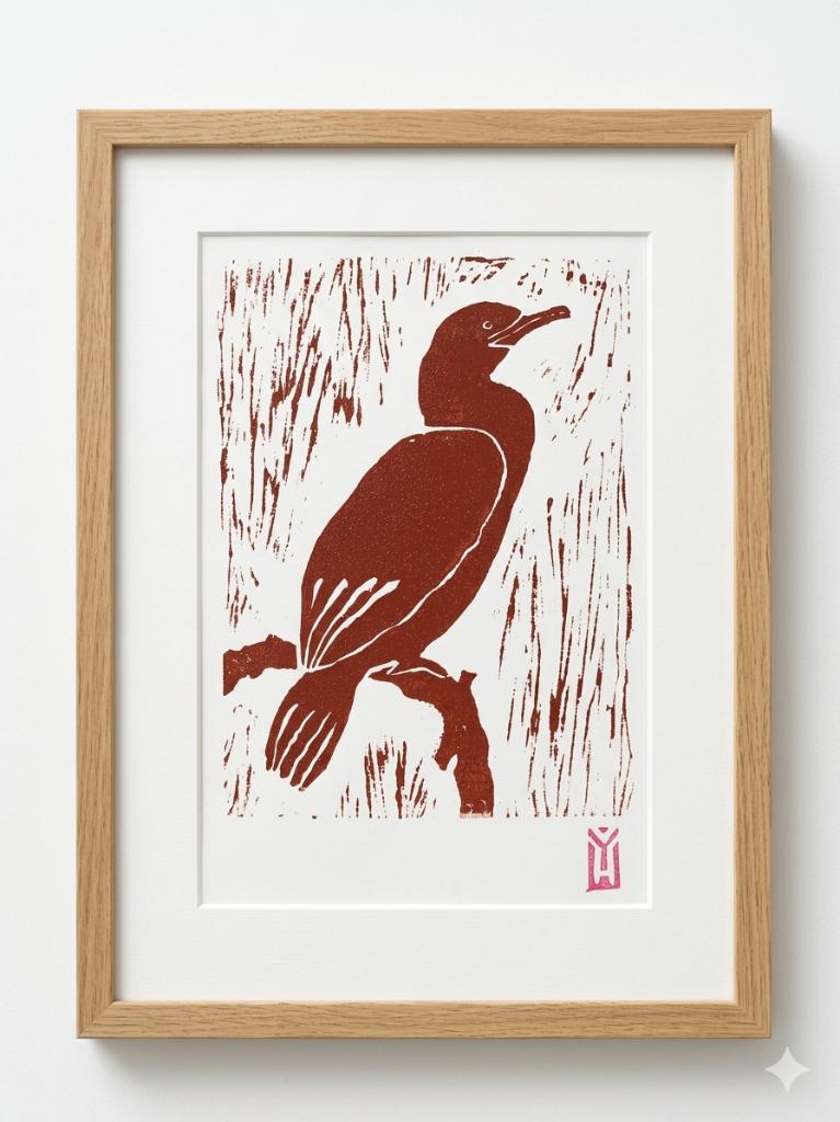 Aalscholver linosnede – handgemaakt – vogel wanddecoratie, Ophalen of Verzenden