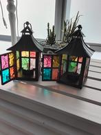 Waxinelichtje Lantaarn met Gekleurd Glas, Ophalen, Gebruikt, Zwart, Metaal