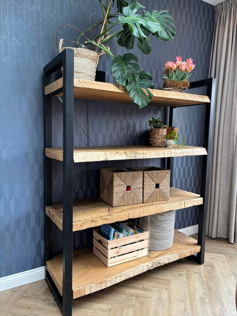 Industriële massief eikenhouten kast - Handmade, Huis en Inrichting, Kasten | Boekenkasten, Ophalen, Met plank(en), Gebruikt, 150 tot 200 cm