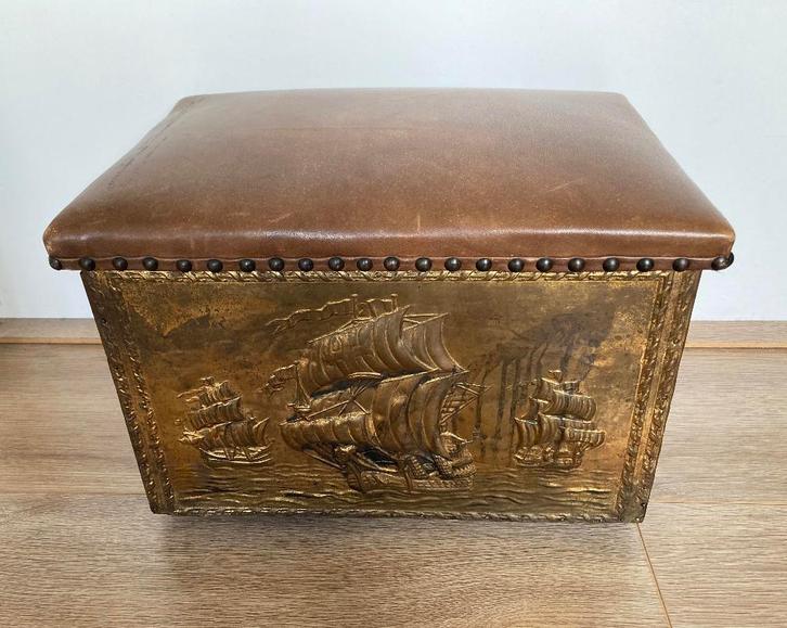 Oude kolenkist/turfkist met zitfunctie- Koperbeslag, Huis en Inrichting, Woonaccessoires | Kisten, Gebruikt, Minder dan 50 cm