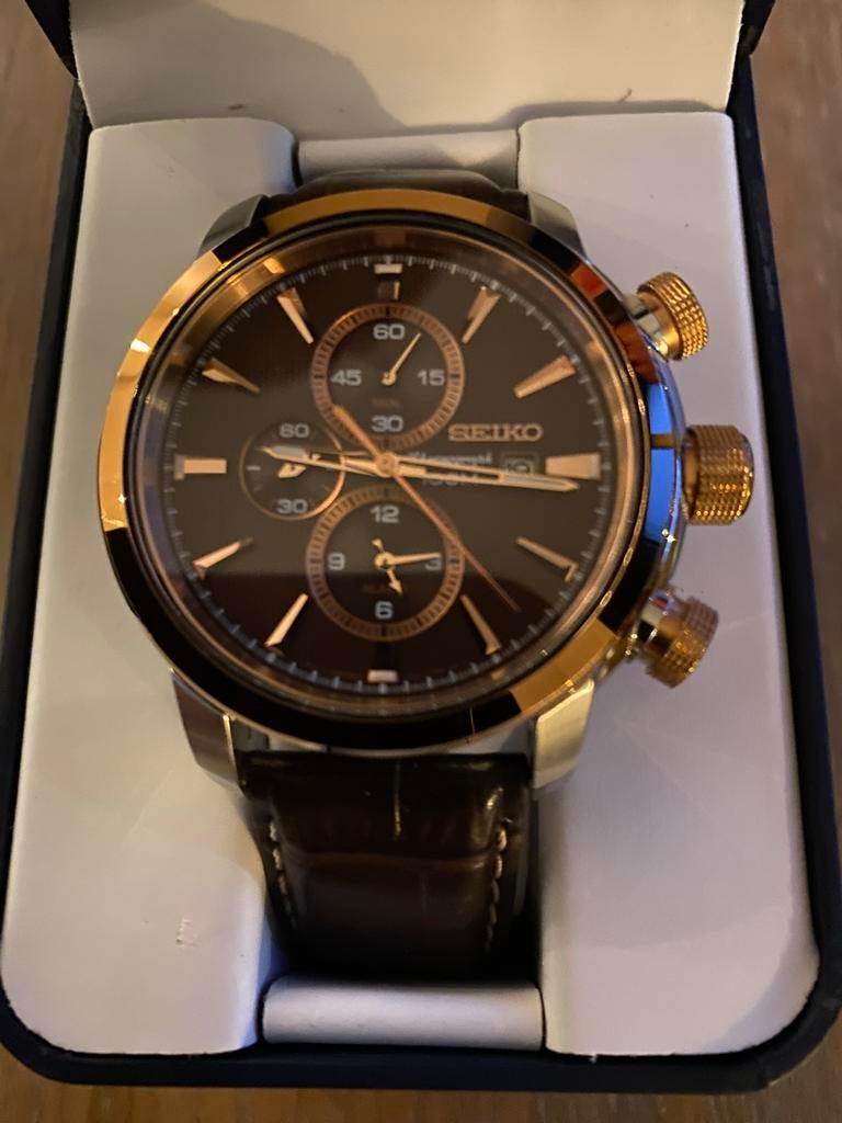 Zgan Seiko chronograph horloge, waterdicht tot 100m, Seiko, Leer, Staal, Polshorloge