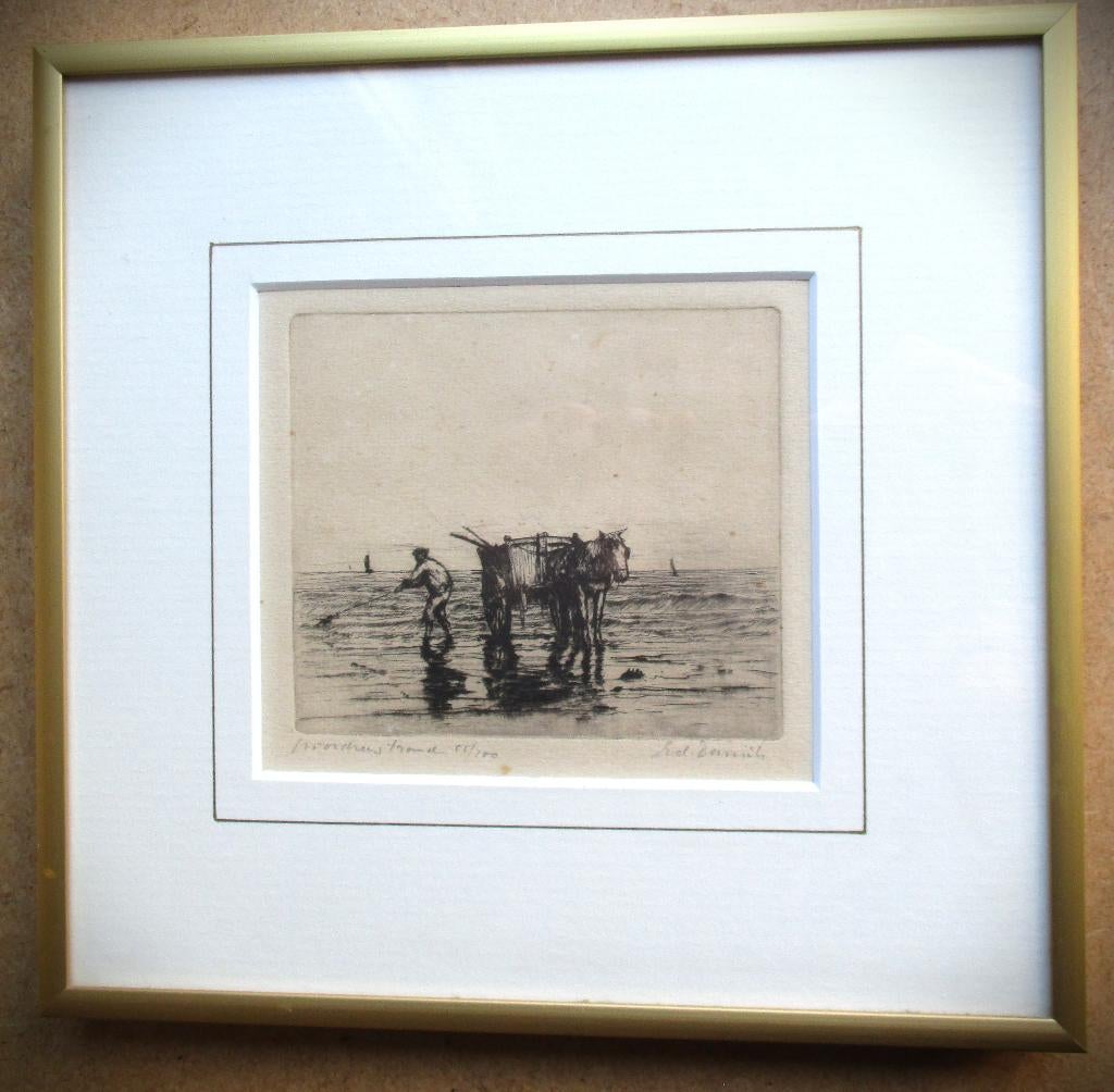 Katwijk Schelpenvisser~Daniëls ? Ets~Zee~Strand~55/100~Lijst, Antiek en Kunst, Kunst | Etsen en Gravures, Dagelijks leven, 1800 - 1899