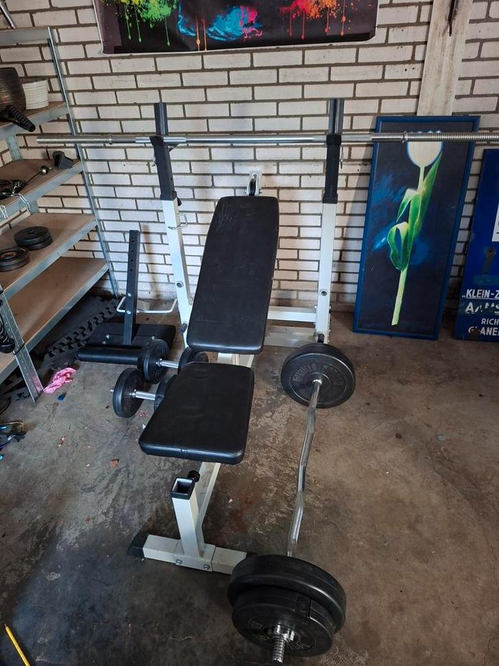 Gorilla halterbank plus halterstang en 100kg gewichten., Sport en Fitness, Fitnessmaterialen, Gebruikt, Halterset, Ophalen