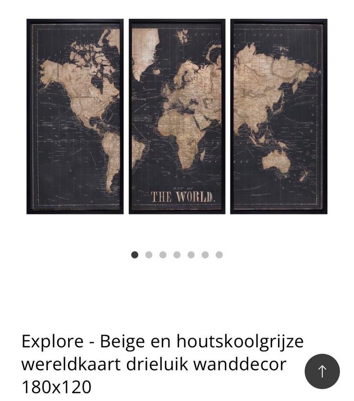 Wereldkaart drieluik wanddecoratie 180x120 cm, Huis en Inrichting, Woonaccessoires | Wanddecoraties, Zo goed als nieuw, Ophalen