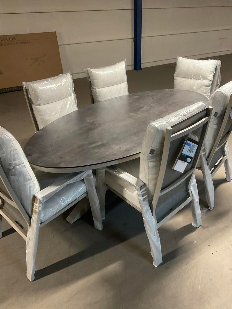 6 traploos verstelbare stoelen met ovale tafel 220x115, Ophalen, 6 zitplaatsen, Aluminium, Zo goed als nieuw