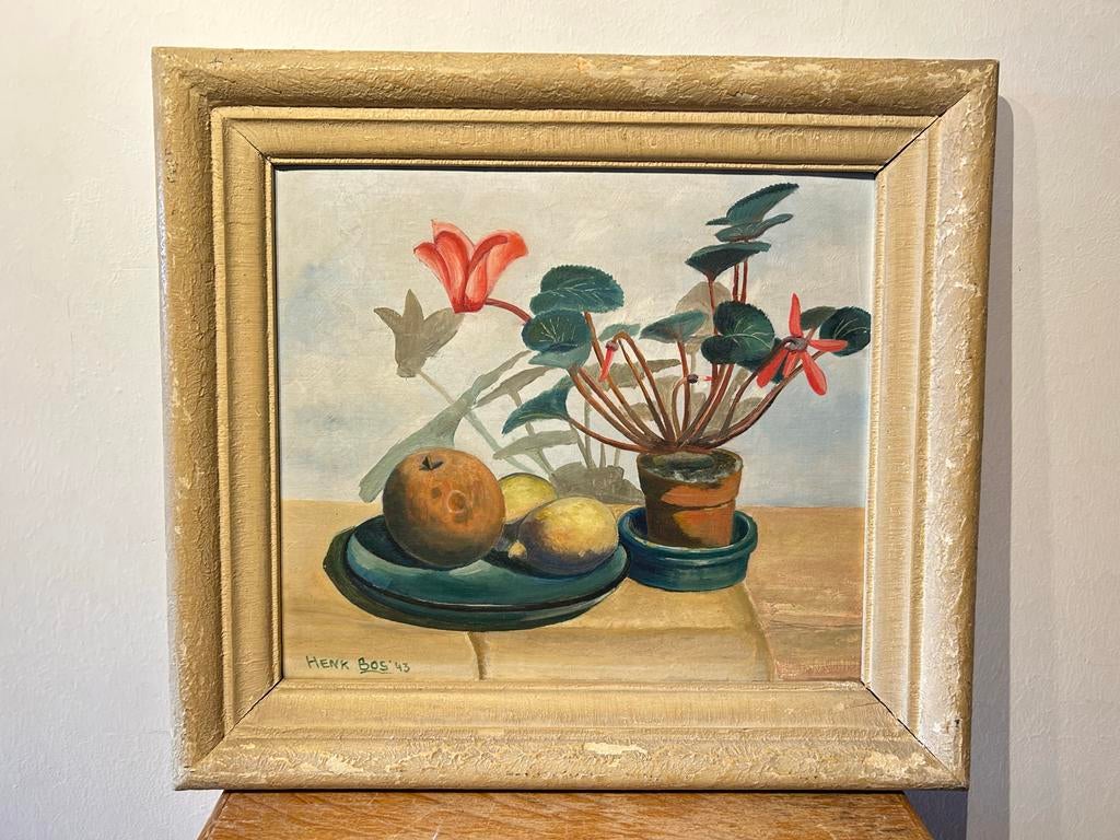 Henk Bos - Cyclamen en Fruit - Olieverfschilderij - 1943, Ophalen of Verzenden