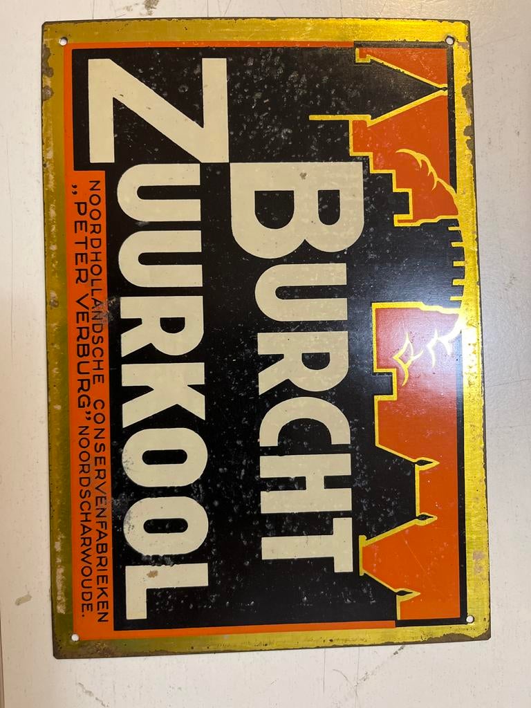 Vintage Reclamebord Burcht Zuurkool Blik - 22x15 cm, Verzamelen, Ophalen of Verzenden, Gebruikt, Reclamebord