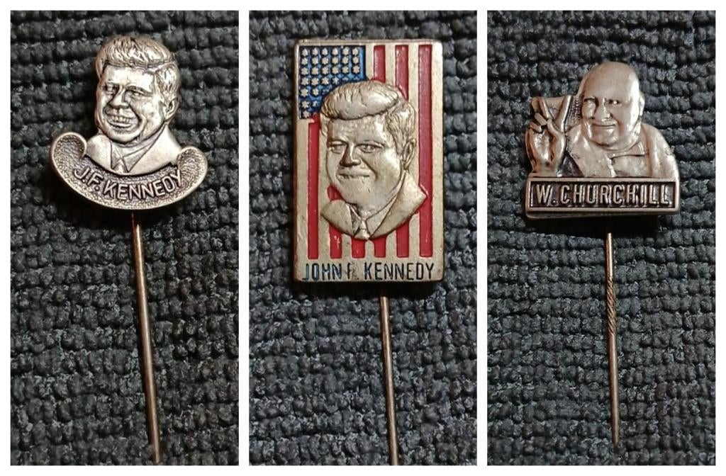 Speldjes: J.F. Kennedy, John F. Kennedy en W. Churchill, Verzamelen, Speldjes, Pins en Buttons, Verzenden, Gebruikt, Overige onderwerpen