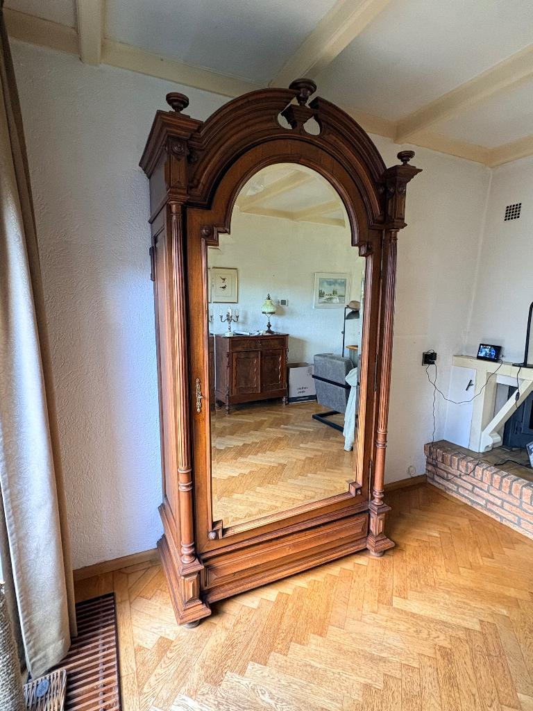 Antieke spiegelkast kledingkast massief hout 1900 vintage, Antiek en Kunst, Ophalen