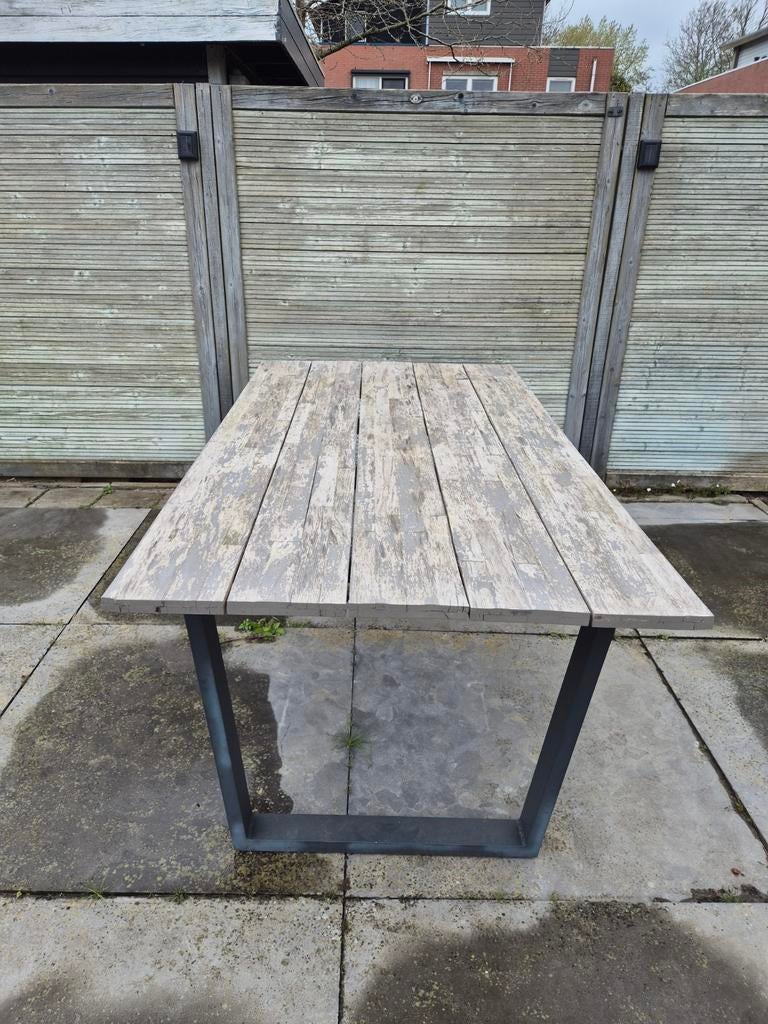 Houten tuintafel met metalen onderstel, Tuin en Terras, Tuintafels, Ophalen, Gebruikt, Rechthoekig, Hout