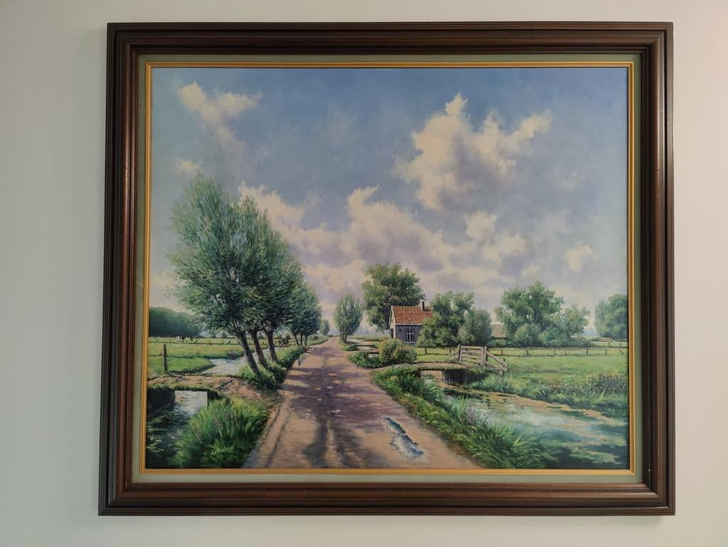 Groot origineel olieverfschilderij – Nederlands polderlandsc, Antiek en Kunst, Kunst | Schilderijen | Klassiek, Ophalen