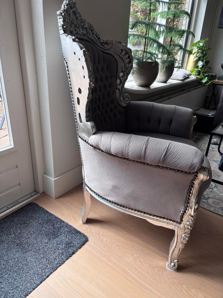Luxe Barok Stoel - Zilverkleurig met Grijs Fluweel, Ophalen