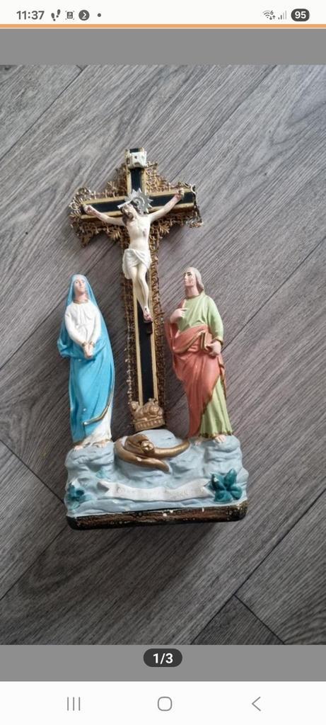 Antiek Kruisbeeld met Maria en Johannes - Beschadigd, Antiek en Kunst, Antiek | Religie, Ophalen of Verzenden