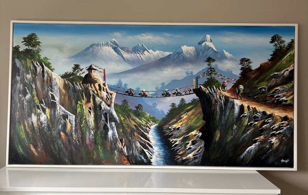 Schilderij Nepal Himalaya brug Mount Everest, 125 cm of meer, Ophalen of Verzenden, Zo goed als nieuw, Schilderij