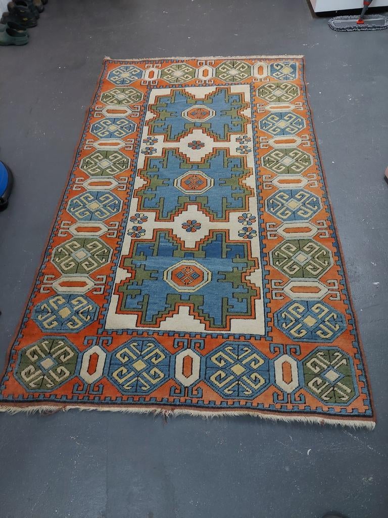 Handgeknoopt vintage oosters tapijt (wol), Huis en Inrichting, Ophalen, Gebruikt, Groen, Rechthoekig