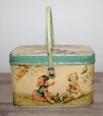 Antiek koek of lunch blik met hengsel met lieve afbeeldingen, Ophalen of Verzenden