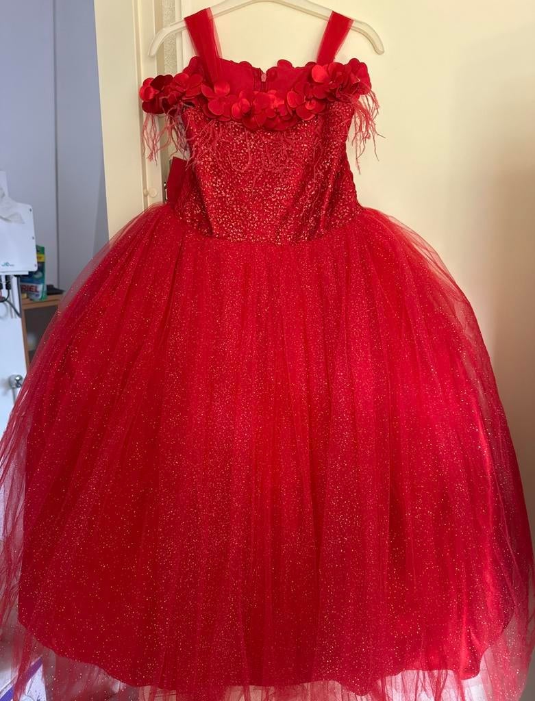Rode jurk met strik en bloemen, maat 7 jaar, Kinderen en Baby's, Kinderkleding | Overige, Ophalen, Gebruikt, Meisje