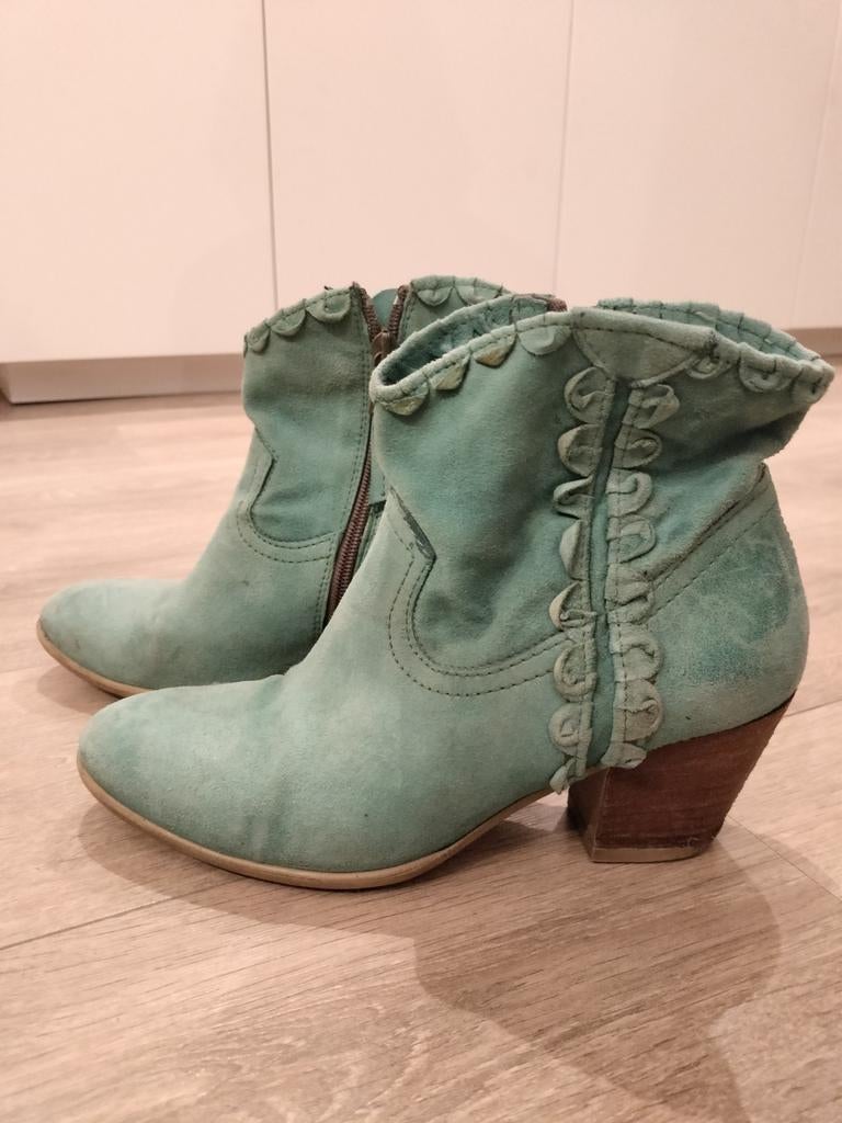 Leuke groene leren enkellaarsjes, Kleding | Dames, Schoenen, Ophalen, Zo goed als nieuw, Mjus, Groen