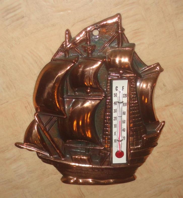 Vintage koperen wand thermometer schip/galjoen, Antiek en Kunst, Antiek | Woonaccessoires, Ophalen of Verzenden