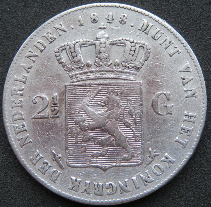 2,5 Gulden 1848, Postzegels en Munten, Munten | Nederland, Losse munt, 2½ gulden, Koning Willem II, Zilver, Verzenden