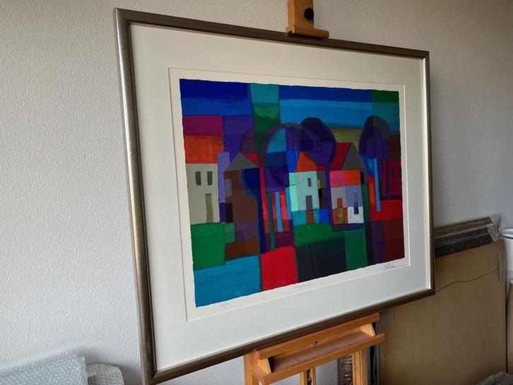 Ton Schulten, ingelijste zeefdruk Dorpskern, Antiek en Kunst, Kunst | Litho's en Zeefdrukken, Ophalen