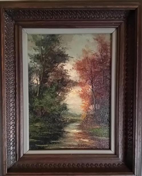 Klein olieverf schilderij op doek met bosgezicht/bospad, Antiek en Kunst, Kunst | Schilderijen | Klassiek, Ophalen of Verzenden