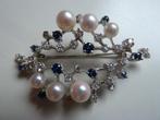 Wit gouden broche met briljant diamanten, saffieren + parels, 4 tot 7 cm, Verzenden, Wit, Zo goed als nieuw