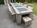 Steigerhouten tuinset 3,40x 1,00 tafel, 4 stoelen en bank, Tuin en Terras, Tuintafels, Ophalen, Gebruikt, Rechthoekig, Hout