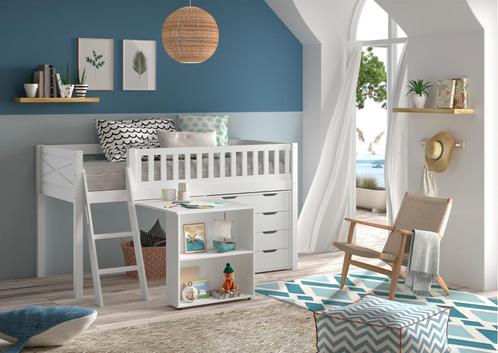 Scott halfhoogslaper met bureau en ladekast - 90x200 - Wit, Huis en Inrichting, Slaapkamer | Stapelbedden en Hoogslapers